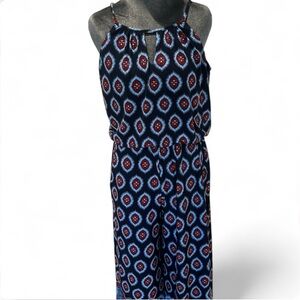London Times Womens Geometric Jumpsuit - Navy and Burgundy